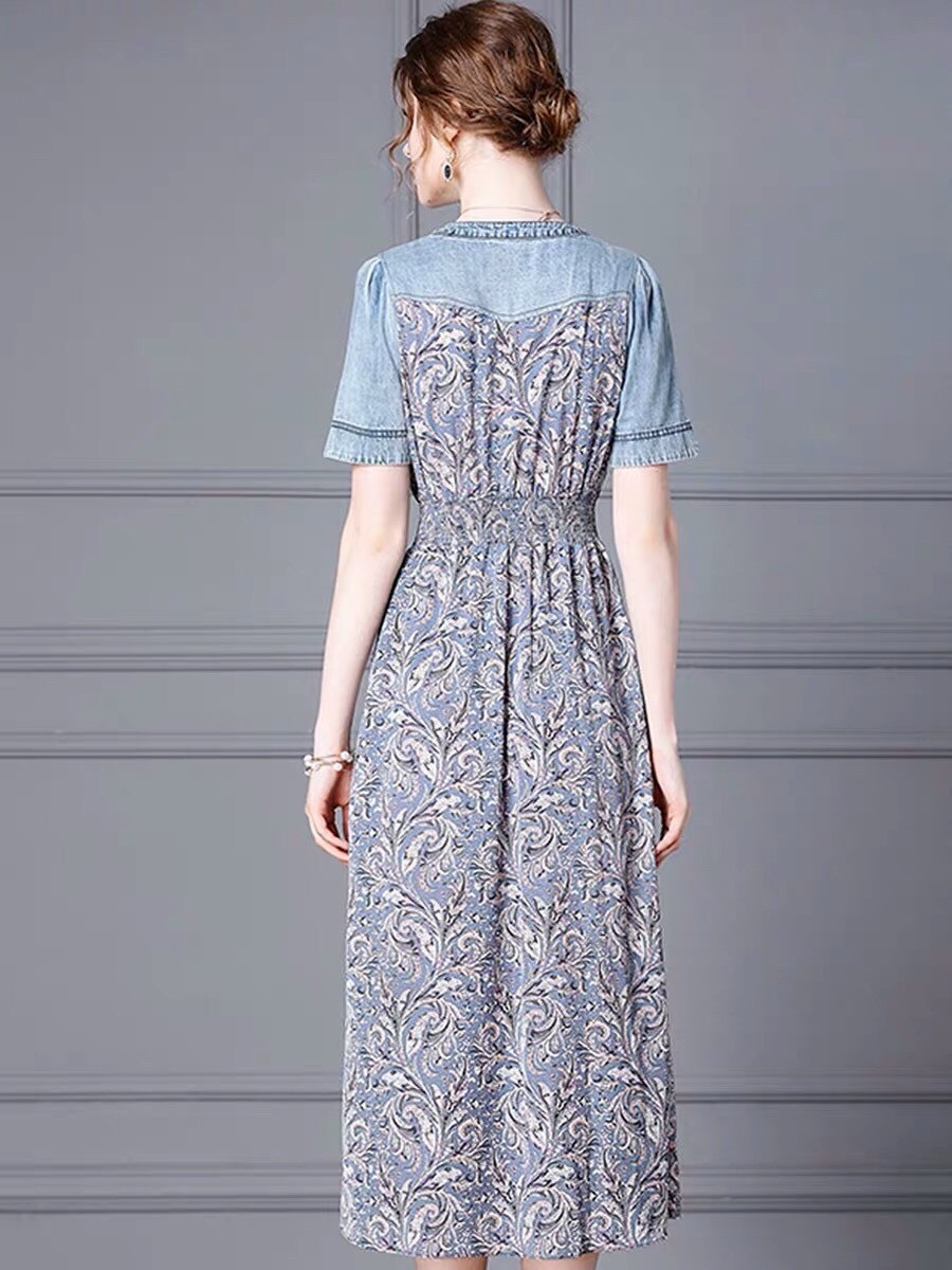 Đầm Jean Phối Thổ Cẩm Dáng Dài - HN912